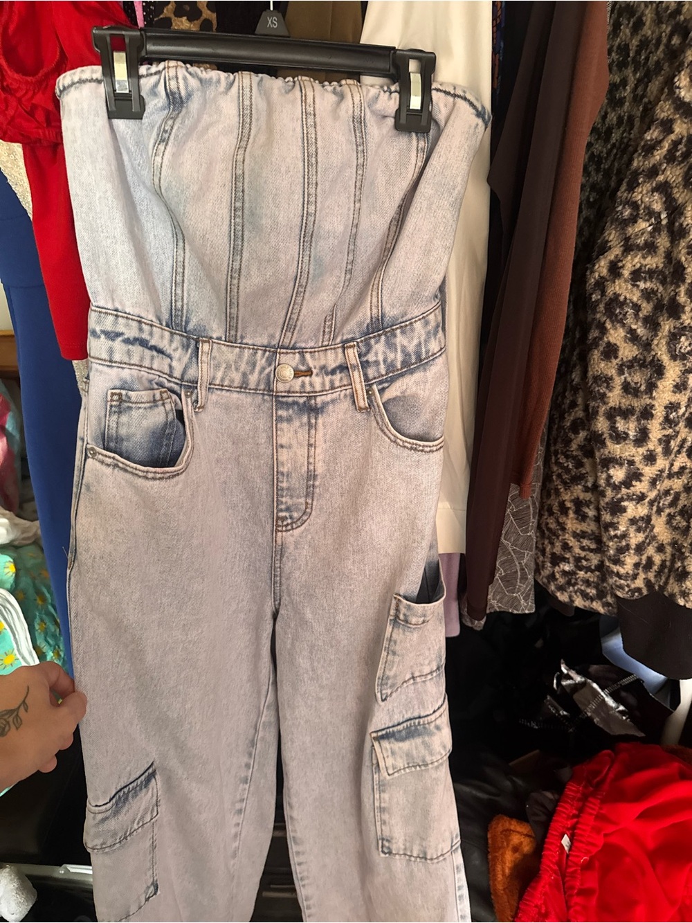 wild fable Light Blue Strapless Denim Cargo Jumpsuit